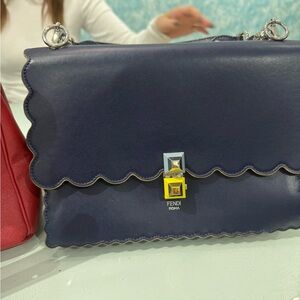 Fendi Navy Blue Shoulder Bag with Yellow Clasp